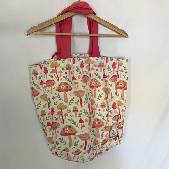 pink mushrooms cargo tote bag pink flower decal leaves summer lightweight - Picture 4 of 5